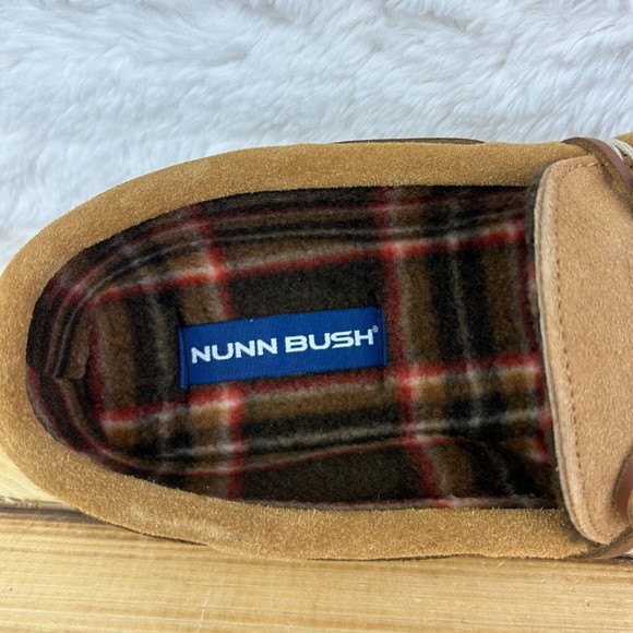 NEW Nunn Bush Mens Size 9 Slippers Eddie Mocassin Tan Leather Faux Fur Plaid - Picture 11 of 12